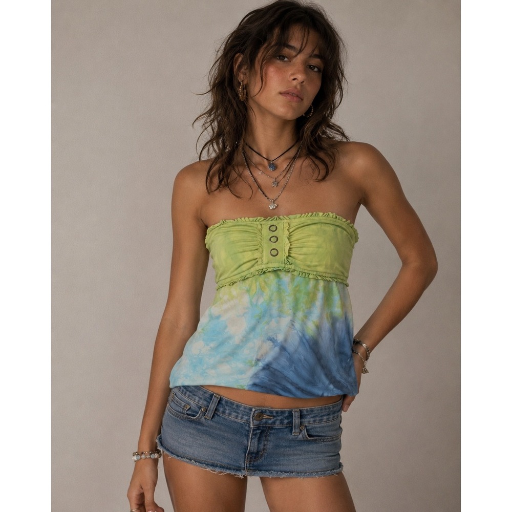 Y2K Lucky Brand Babydoll Strapless Swim Top M Green Blue Tie Dye Ruffle Tube Top